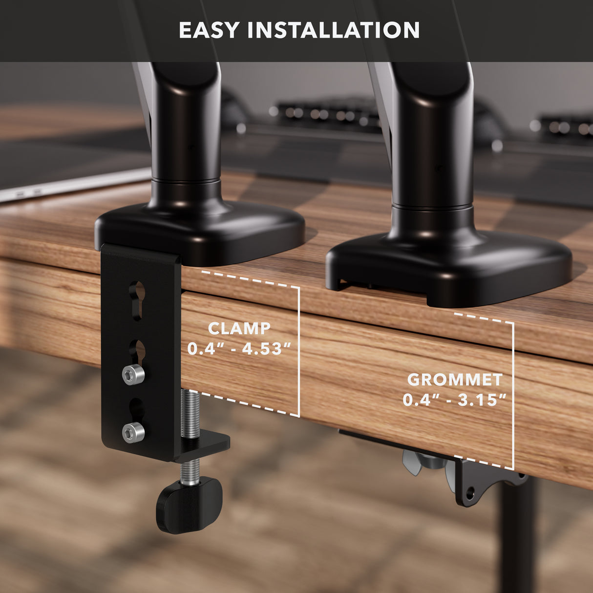 A Mount-It! Single Monitor Desk Mount with Gas Spring Arm is shown, highlighting clamp and grommet mounts, adjustable height range, and cable management. "Easy Installation" appears at the top.
