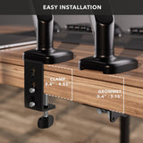 A Mount-It! Single Monitor Desk Mount with Gas Spring Arm is shown, highlighting clamp and grommet mounts, adjustable height range, and cable management. "Easy Installation" appears at the top.