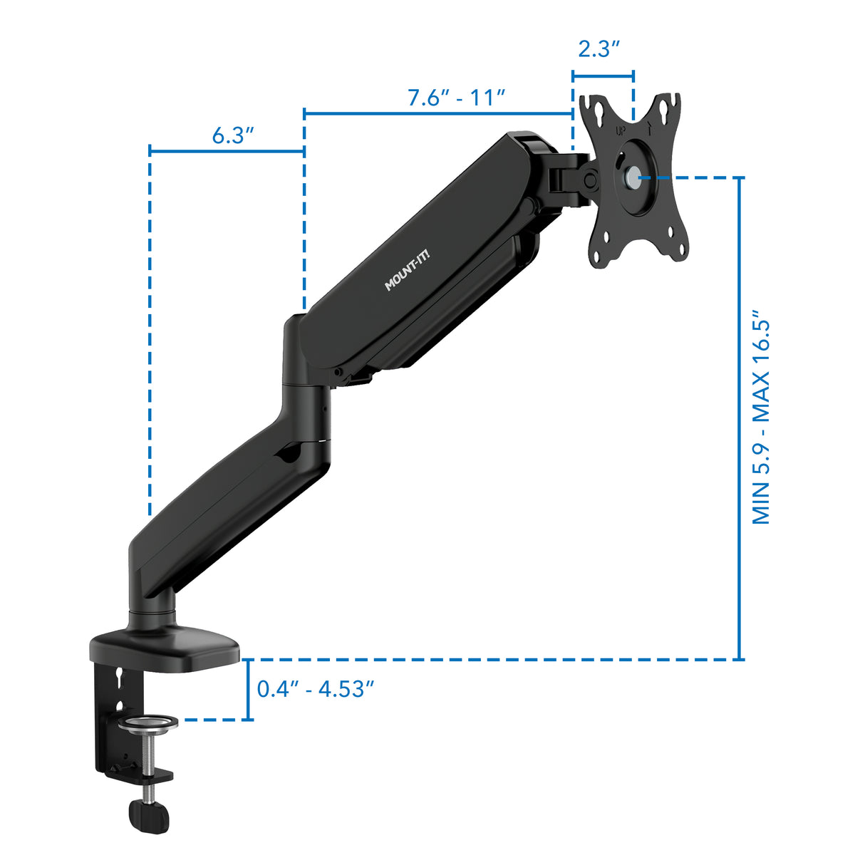 The Mount-It! Single Monitor Desk Mount with Gas Spring Arm features a black adjustable arm and mounting clamp, fits surfaces 0.4-4.53", offers 9.5-16.5" height range, and is ideal for ergonomic desk monitor setups (dimensions: 6.3, 7.6-11, 2.3).
