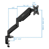 The Mount-It! Single Monitor Desk Mount with Gas Spring Arm features a black adjustable arm and mounting clamp, fits surfaces 0.4-4.53", offers 9.5-16.5" height range, and is ideal for ergonomic desk monitor setups (dimensions: 6.3, 7.6-11, 2.3).