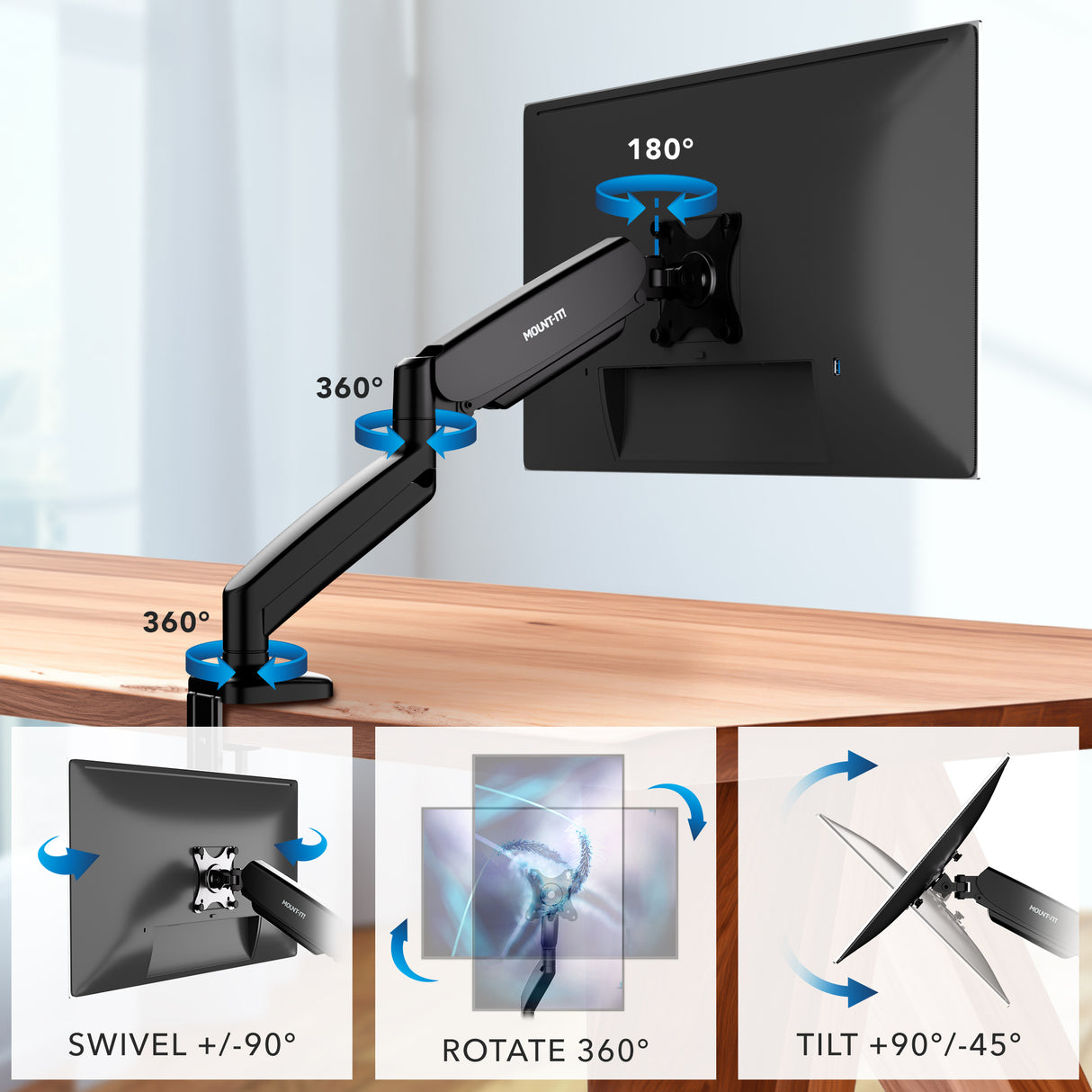 The Mount-It! Single Monitor Desk Mount with Gas Spring Arm is attached to a desk, demonstrating 360° joint rotation, 180° screen turn, ±90° swivel, +90° to -45° tilt, built-in cable management, and insets showing each movement range.