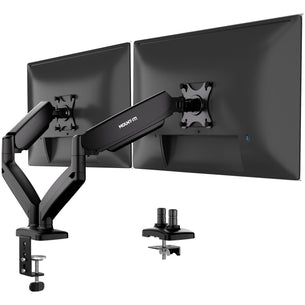 Two black monitors are mounted on a Mount-It! Dual Monitor Desk Mount with gas spring arms, clamped to the desk. Flexible arms allow easy positioning, and built-in cable management keeps your workspace neat and organized.