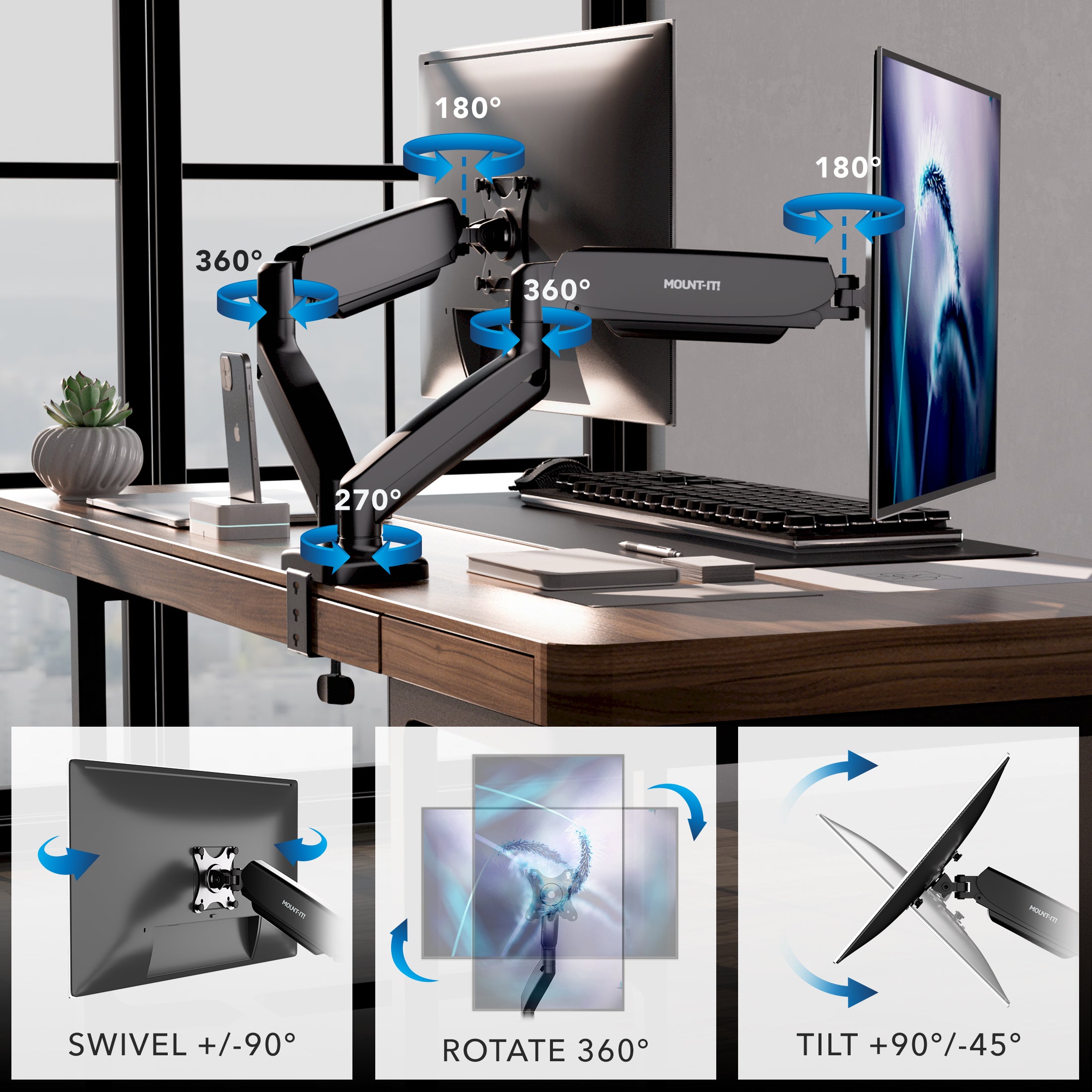 Mount-It! Dual Monitor Desk Mount with Gas Spring Arms for