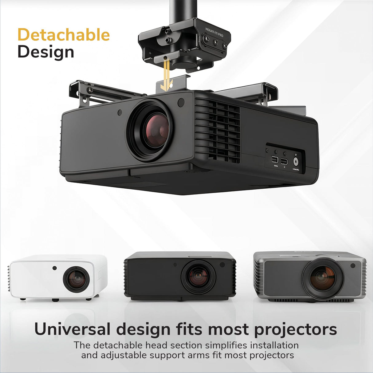 The Mount-It! Heavy-Duty Universal Projector Ceiling Mount is shown installed with its quick-release detachable head, supporting three projectors (white, gray, black) to demonstrate universal compatibility and adjustable arms for easy setup.