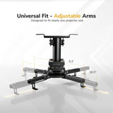 The Mount-It! Heavy-Duty Universal Projector Ceiling Mount in black features adjustable arms extending 5.1–18.5 inches for universal projector compatibility. Text above reads: “Universal Fit – Adjustable Arms.”.