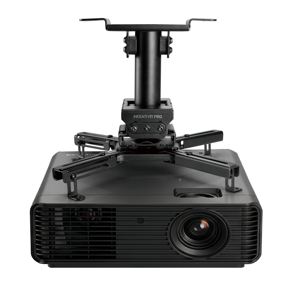 A black projector is securely attached to a Mount-It! Heavy-Duty Universal Projector Ceiling Mount, viewed from the front. The lens is on the right side, and the mount is firmly fixed to the top of the projector.