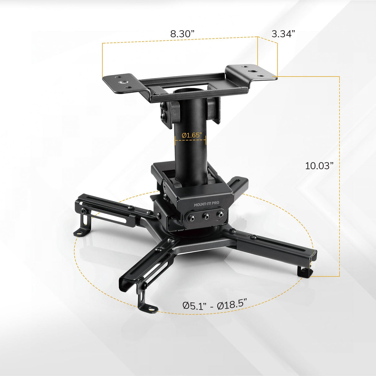 The Mount-It! Heavy-Duty Universal Projector Ceiling Mount with adjustable arms is shown in black. Dimensions: width 8.3", height 10.03", base adjustment 5.1–18.5", top width 3.34", pole height 1.65".