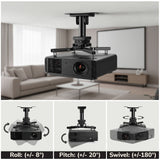 The Mount-It! Heavy-Duty Universal Projector Ceiling Mount in black is ceiling-mounted in a modern living room. Diagrams display its flexible adjustments: roll (+/-8°), pitch (+/-20°), and swivel (+/-180°) for universal projector compatibility.