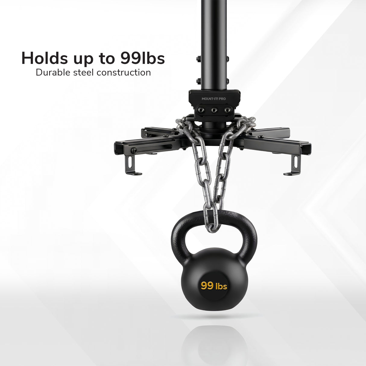 A Heavy-Duty Universal Ceiling Projector by Mount-It! is securely mounted. Text on the image reads, Supports up to 99 lbs. Durable steel construction. The background is light and minimalistic.