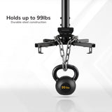 A Heavy-Duty Universal Ceiling Projector by Mount-It! is securely mounted. Text on the image reads, Supports up to 99 lbs. Durable steel construction. The background is light and minimalistic.