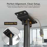 The Mount-It! Heavy-Duty Universal Ceiling Projector bracket features an adjustable tilt, strong support, and neat HDMI cable management. Inset shows the tilt mechanism up close. Text highlights perfect projector alignment and a tidy cable setup.