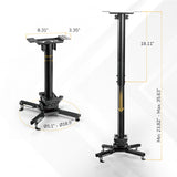 Two views of the Mount-It! Heavy-Duty Universal Ceiling Projector mount in black, with dimensions: 8.31 x 3.35" top plate, 5.1–18.5" base, 18.11" pole height, and adjustable mounting height from 23.82–35.63".