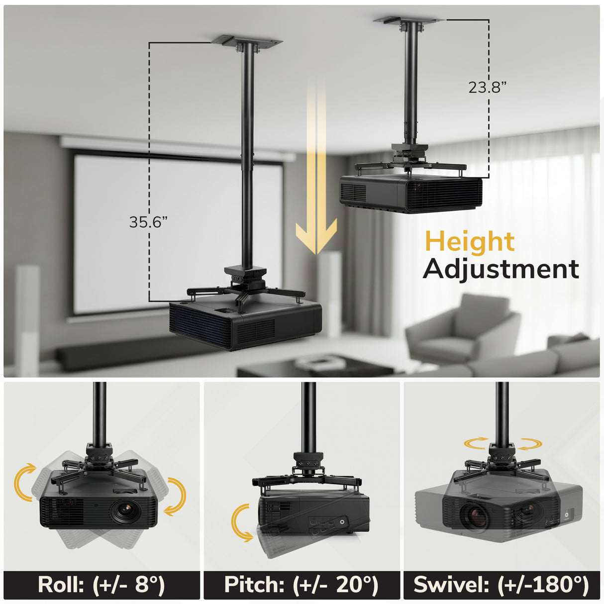 The Mount-It! Heavy-Duty Universal Ceiling Projector mount offers adjustable height (23.8–35.6"), tilt, roll (+/- 8°), pitch (+/- 20°), and swivel (+/- 180°) functions, shown in a living room setting.