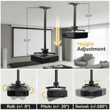 The Mount-It! Heavy-Duty Universal Ceiling Projector mount offers adjustable height (23.8–35.6"), tilt, roll (+/- 8°), pitch (+/- 20°), and swivel (+/- 180°) functions, shown in a living room setting.