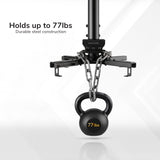 The Mount-It! Heavy Duty Projector Ceiling Mount holds up to 77 lbs, shown supporting a kettlebell with chains. Text reads: Holds up to 77 lbs. Durable steel construction. White background with subtle geometric patterns.