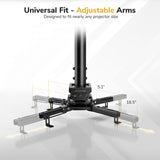 The Mount-It! Heavy Duty Projector Ceiling Mount features adjustable arms (5.1 to 18.5 inches), offering universal compatibility for various projector sizes, with a black finish and "Universal Fit - Adjustable Arms" label.