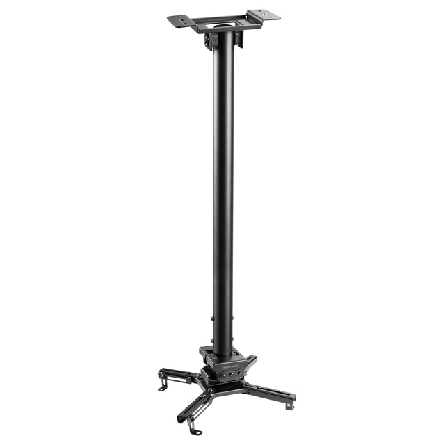 The Mount-It! Heavy Duty Projector Ceiling Mount in black features a long central pole and four adjustable arms at the base for securely holding your projector.