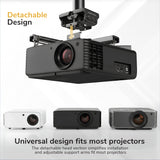 A black Mount-It! Heavy Duty Projector Ceiling Mount holds a projector on the ceiling. Below, three projectors in white, black, and gray are featured. Text highlights its detachable design and universal compatibility.