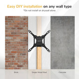 The Mount-It! Low-Profile Tilt TV Wall Mount is shown installed on brick, a single wood stud, and concrete. Do not mount compact TV mounts or VESA 200x200 brackets on drywall alone.