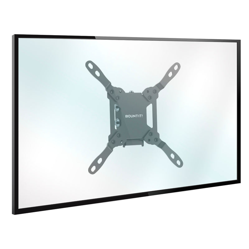 A flat-screen TV mounted on a wall with a black Mount-It! Low-Profile Tilt TV Wall Mount, with the compact bracket visible behind the center of the screen.