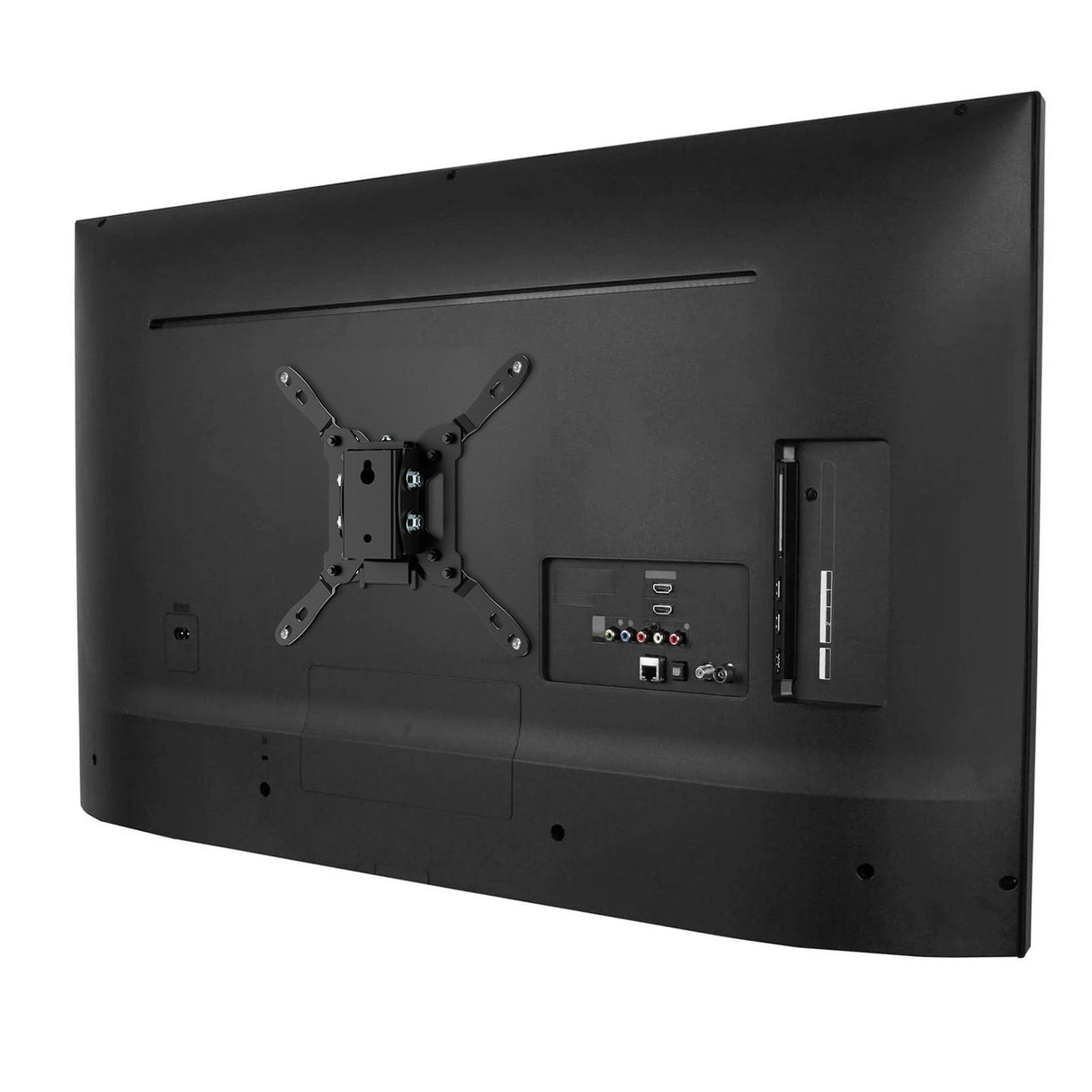 The back view of a flat-screen TV shows a Mount-It! Low-Profile Tilt TV Wall Mount (VESA 200x200), multiple input/output ports, and a power cord connection, all against a plain white background.