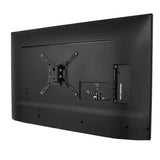 The back view of a flat-screen TV shows a Mount-It! Low-Profile Tilt TV Wall Mount (VESA 200x200), multiple input/output ports, and a power cord connection, all against a plain white background.