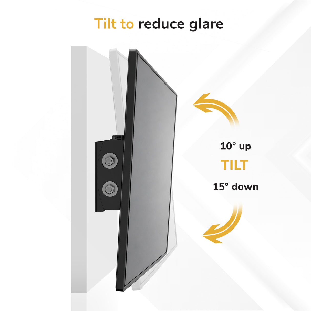 Side view of the Mount-It! Low-Profile Tilt TV Wall Mount showing a TV angled 10° up and 15° down to reduce glare. Arrows and text highlight its compact design and VESA 200x200 compatibility for flexible installation.