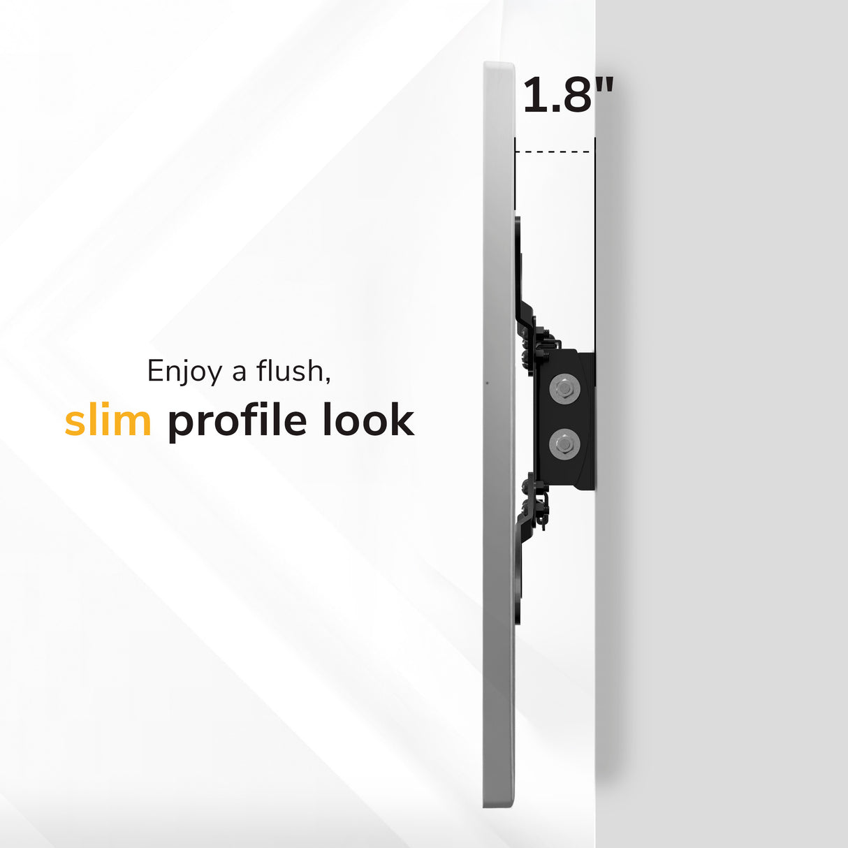 A side view of a mounted screen using the Mount-It! Low-Profile Tilt TV Wall Mount highlights its slim 1.8-inch profile, with the text "Enjoy a flush, slim profile look" against a light background with subtle patterns.