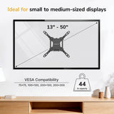 Graphic of the Mount-It! Low-Profile Tilt TV Wall Mount, designed for 13–50" screens up to 44 lbs with VESA 75x75–200x200 compatibility, shown in a modern living room. Text highlights suitability for small and medium displays.