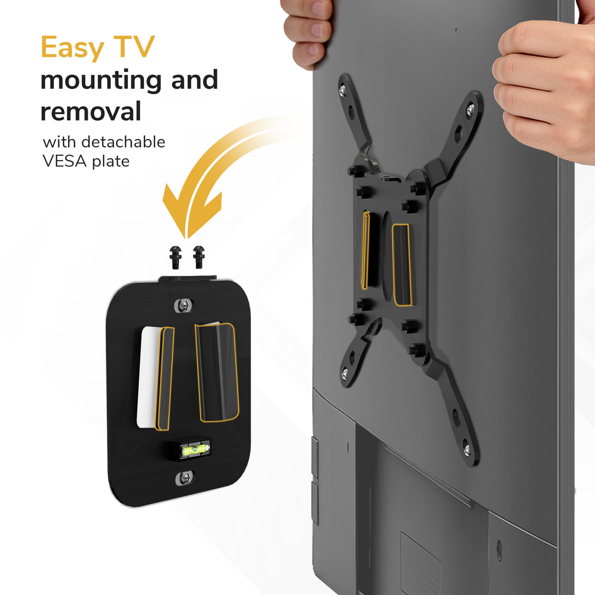 A hand holds a TV with a black VESA mount plate attached, demonstrating the Mount-It! Low-Profile TV Wall Mount. An arrow highlights the detachable VESA plate for easy mounting and removal.