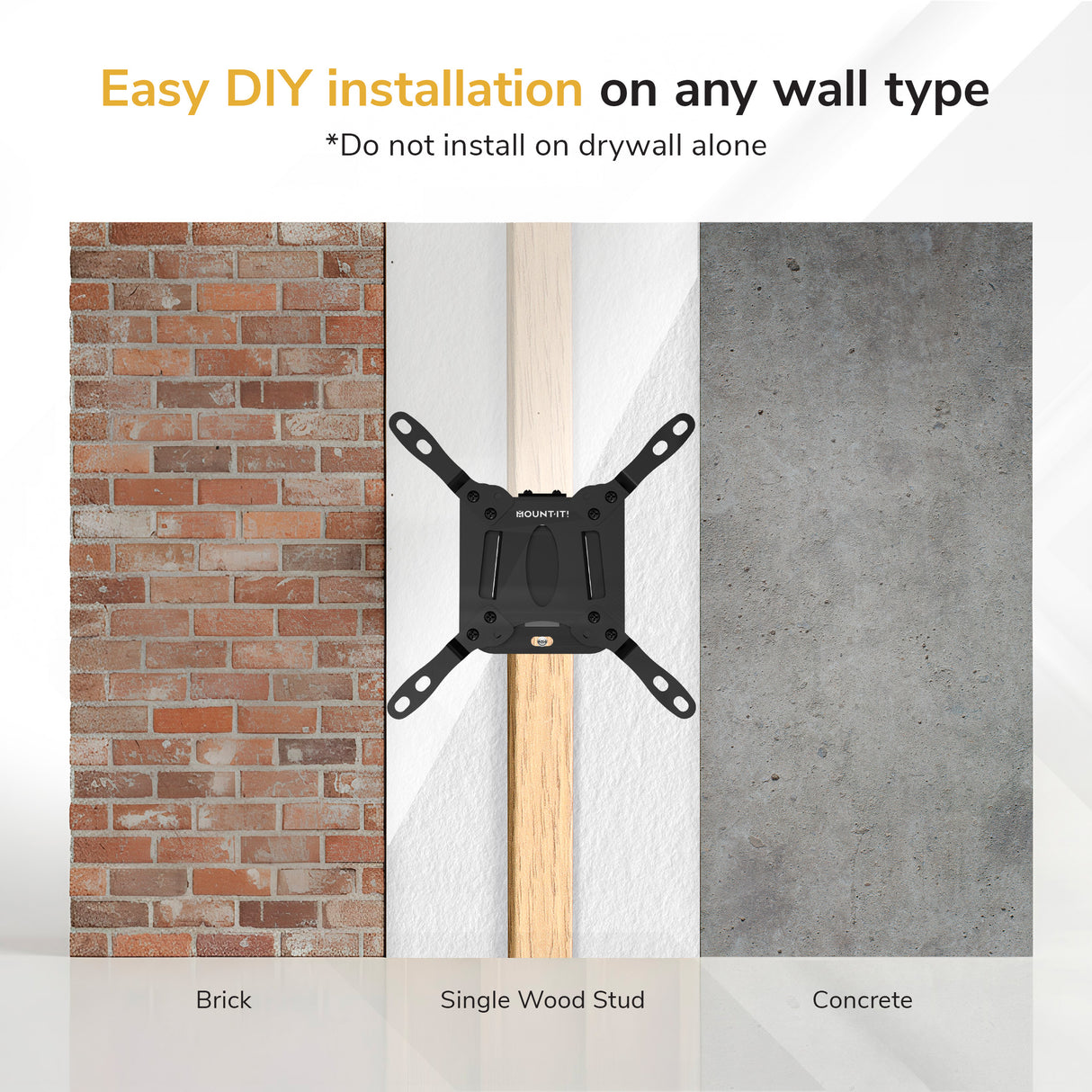 The Mount-It! Low-Profile TV Wall Mount is shown installed on brick, a single wood stud, and concrete. Text above reads: Easy DIY installation on any wall type. *Do not install on drywall alone.