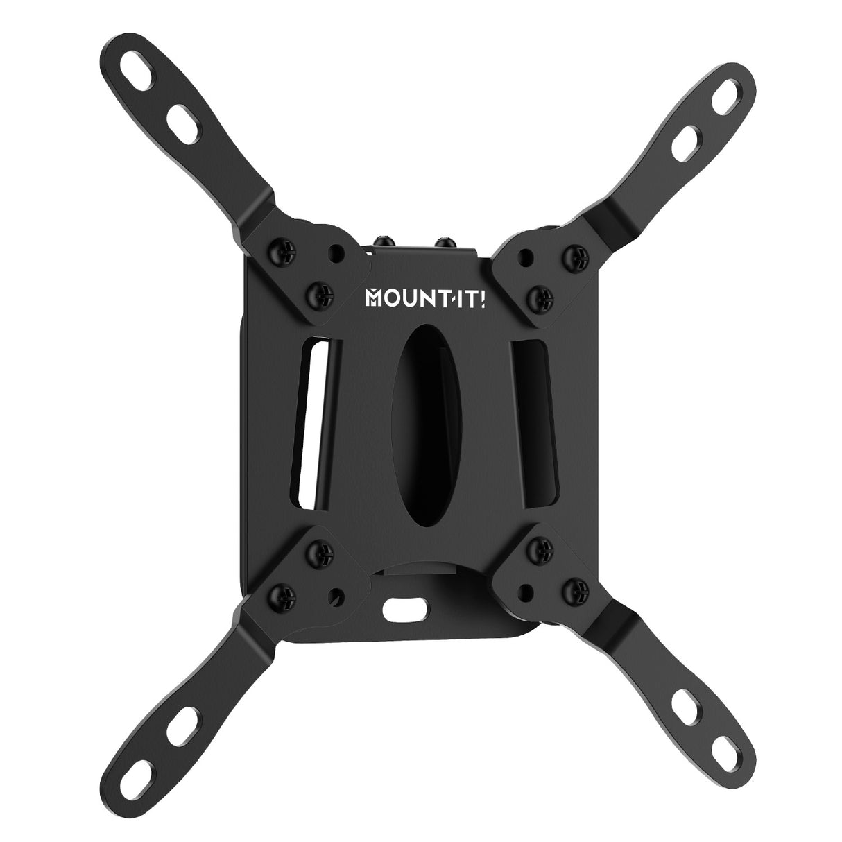 The Mount-It! Low-Profile TV Wall Mount features a black metal bracket with four adjustable arms and screw holes for attaching a flat-screen TV. "Mount-It!" is printed on the center plate.