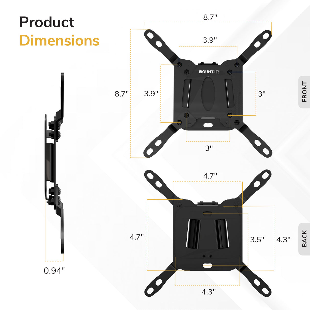 Diagram of the Mount-It! Low-Profile TV Wall Mount showing front, side, and back views with labeled width, height, and depth in inches. Features adjustable arms and multiple mounting slots.