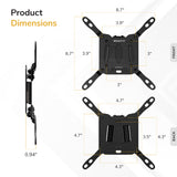 Diagram of the Mount-It! Low-Profile TV Wall Mount showing front, side, and back views with labeled width, height, and depth in inches. Features adjustable arms and multiple mounting slots.