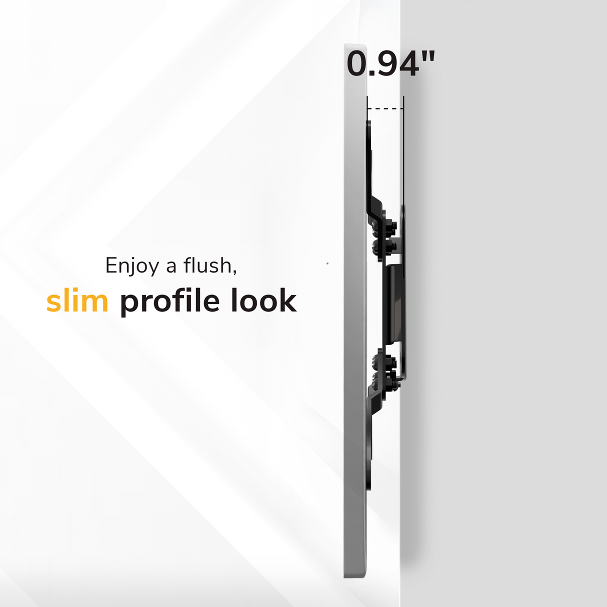 Side view of the Mount-It! Low-Profile TV Wall Mount showcasing a slim, flush appearance, with text reading "Enjoy a sleek profile" and highlighting its minimal thickness of just 0.94 inches.