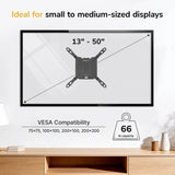 The Mount-It! Low-Profile TV Wall Mount fits 13–50" displays, supports up to 66 lbs, and is VESA compatible (75x75, 100x100, 200x100, 200x200). Shown installed in a modern room.