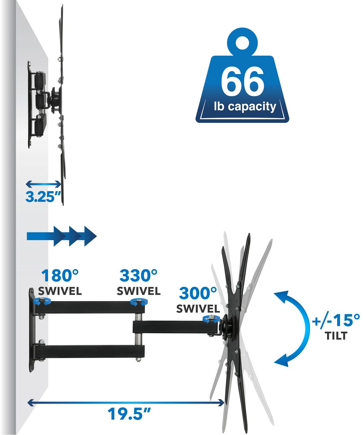 Full Motion Swivel TV Wall Mount – 23–55