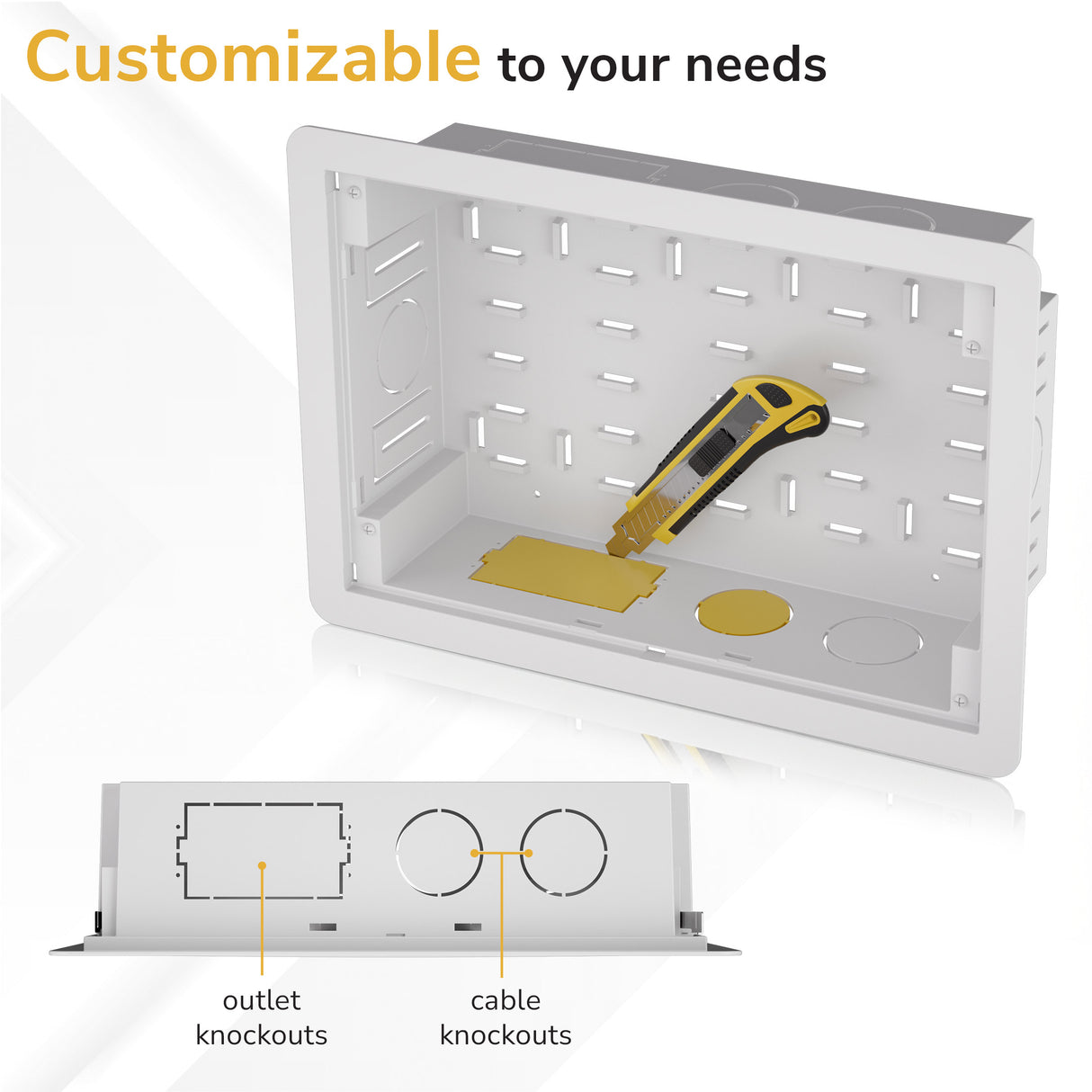 The Mount-It! In-Wall Media Box - Small is a white plastic box with customizable cutouts for outlets and cables, perfect for hidden equipment storage and Wi-Fi–transparent recessed installations.