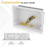 The Mount-It! In-Wall Media Box - Small is a white plastic box with customizable cutouts for outlets and cables, perfect for hidden equipment storage and Wi-Fi–transparent recessed installations.