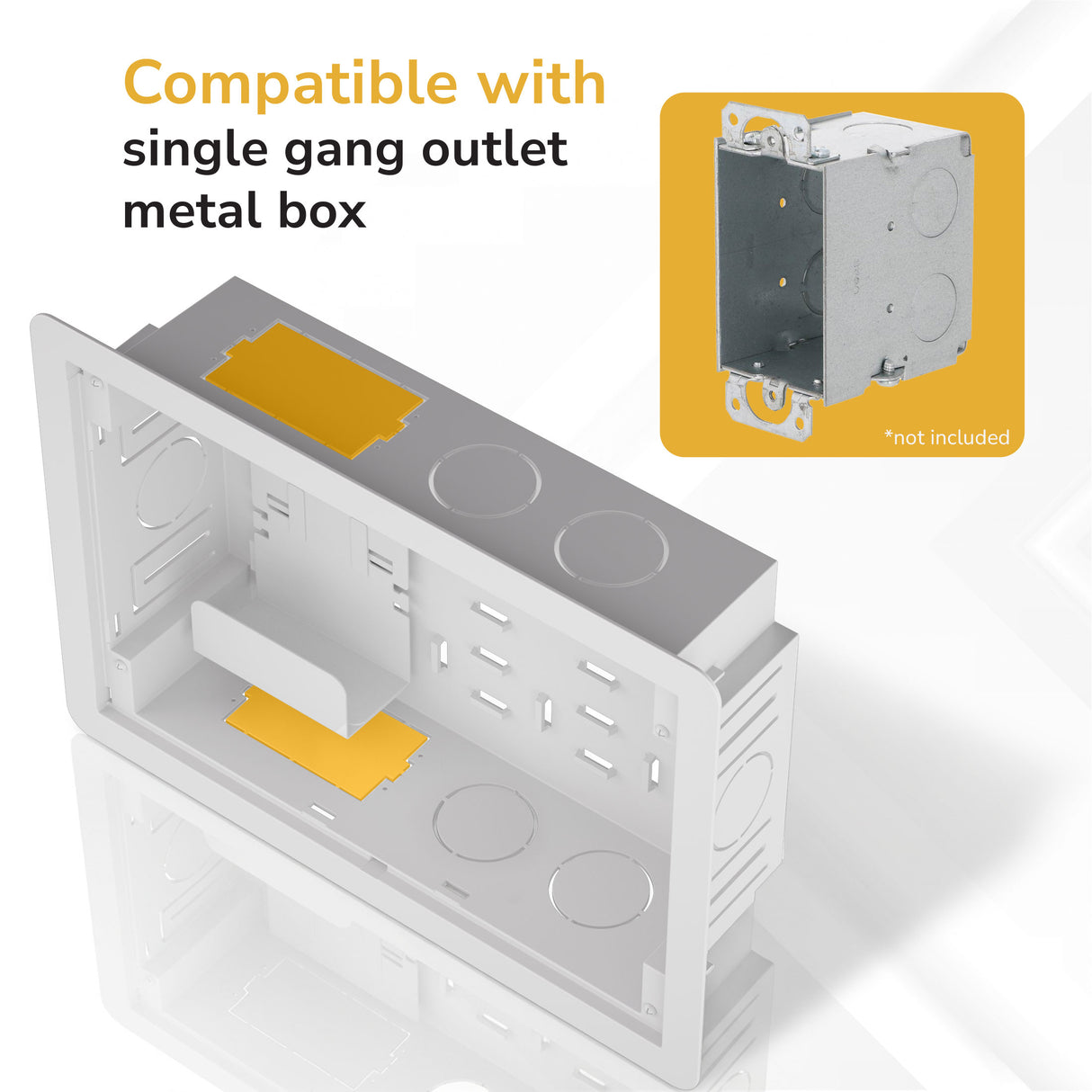 The Mount-It! In-Wall Media Box - Small is a white plastic plate with a yellow accent, compatible with single gang outlet metal boxes (*not included), and offers Wi-Fi–transparent, recessed storage for hidden device organization.