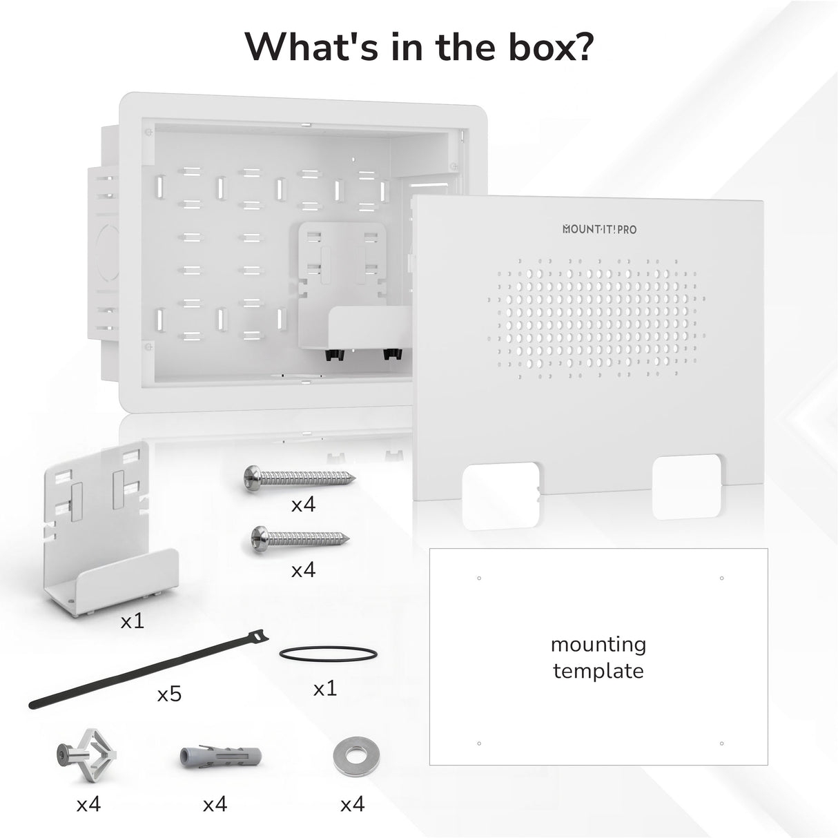 The Mount-It! In-Wall Media Box - Small box includes a metal recessed box, vented Wi-Fi–transparent cover, mounting bracket, screws, washers, cable ties, rubber ring, template, and other installation hardware.