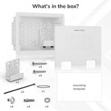 The Mount-It! In-Wall Media Box - Small box includes a metal recessed box, vented Wi-Fi–transparent cover, mounting bracket, screws, washers, cable ties, rubber ring, template, and other installation hardware.