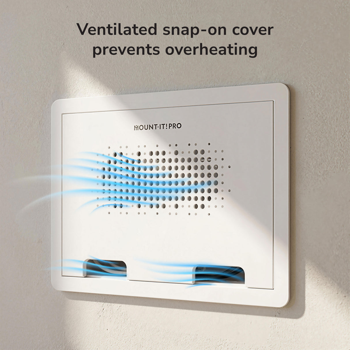 The Mount-It! In-Wall Media Box - Small features a white, wall-mounted, ventilated snap-on cover with two bottom slots that prevents overheating above hidden equipment storage. Wi-Fi-friendly design keeps devices cool and connected.