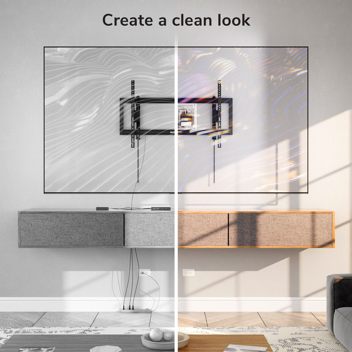 A wall-mounted TV above a console is shown split in two: the left displays messy, tangled cables, while the right features the Mount-It! In-Wall Media Box - Small for hidden, Wi-Fi–transparent equipment storage and a clean, organized look.