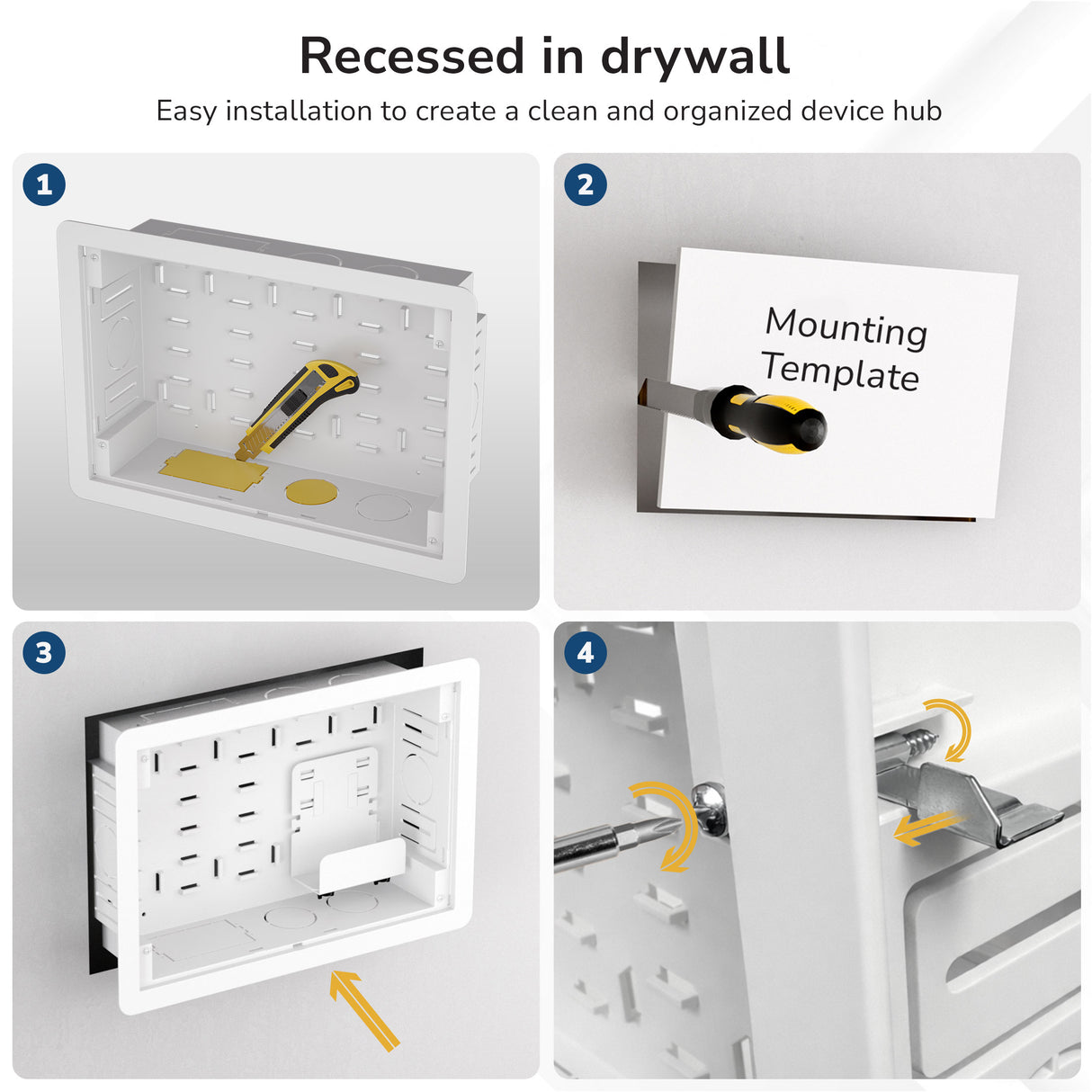 Step-by-step installation for the Mount-It! In-Wall Media Box - Small: use template to cut drywall, insert box for concealed equipment storage, and secure with screws. Yellow arrows indicate installation direction at each step.