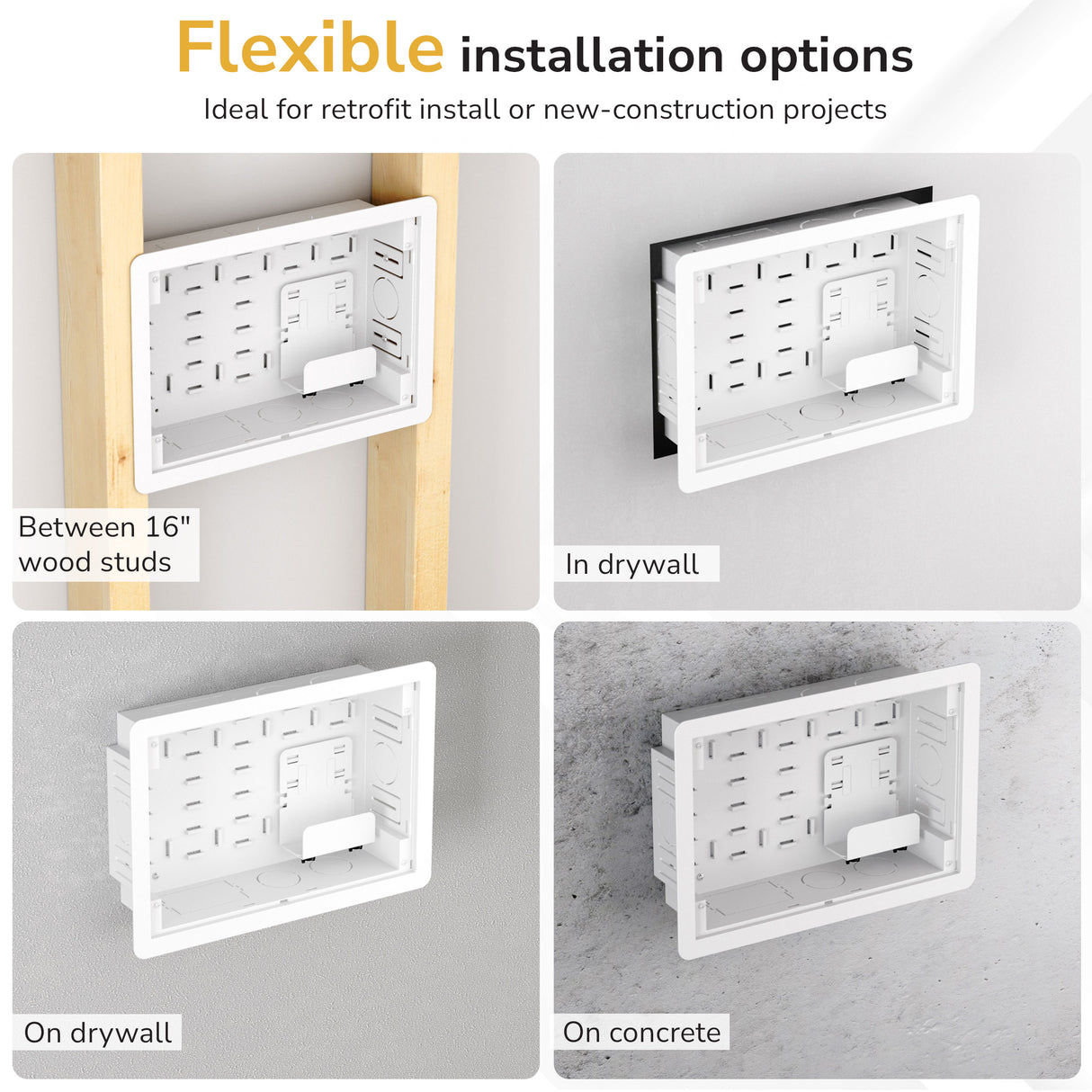 Four images show the Mount-It! In-Wall Media Box - Small installed between studs, in drywall, on drywall, and on concrete—demonstrating its flexible setup options for a clean TV installation or concealed equipment storage anywhere.