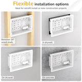 Four images show the Mount-It! In-Wall Media Box - Small installed between studs, in drywall, on drywall, and on concrete—demonstrating its flexible setup options for a clean TV installation or concealed equipment storage anywhere.