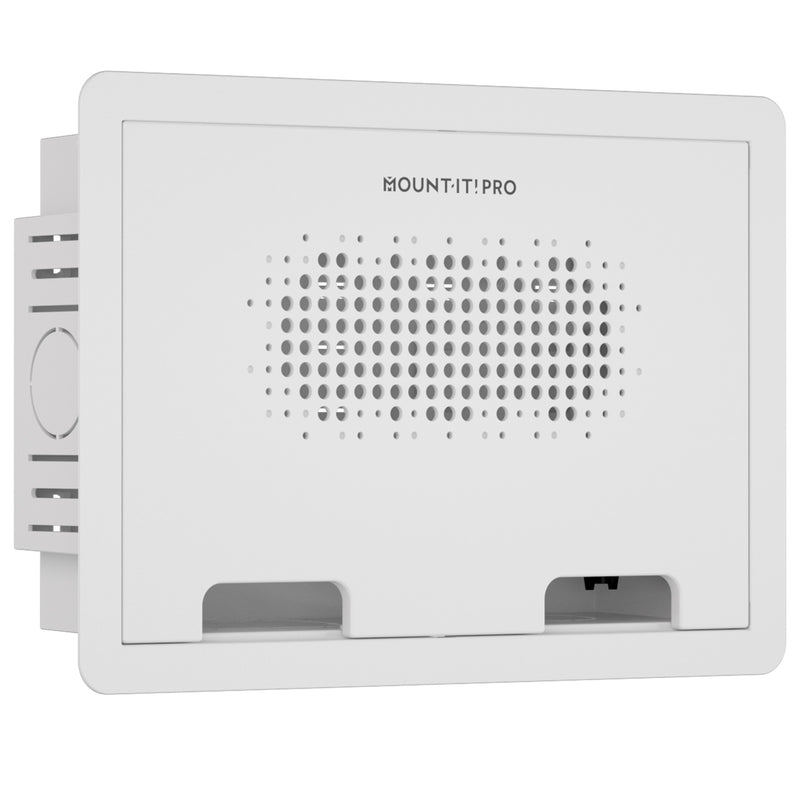 The Mount-It! In-Wall Media Box - Small is a white wall-mounted enclosure with ventilation holes, front branding, side openings, and two bottom slots for recessed storage and discreet equipment organization.