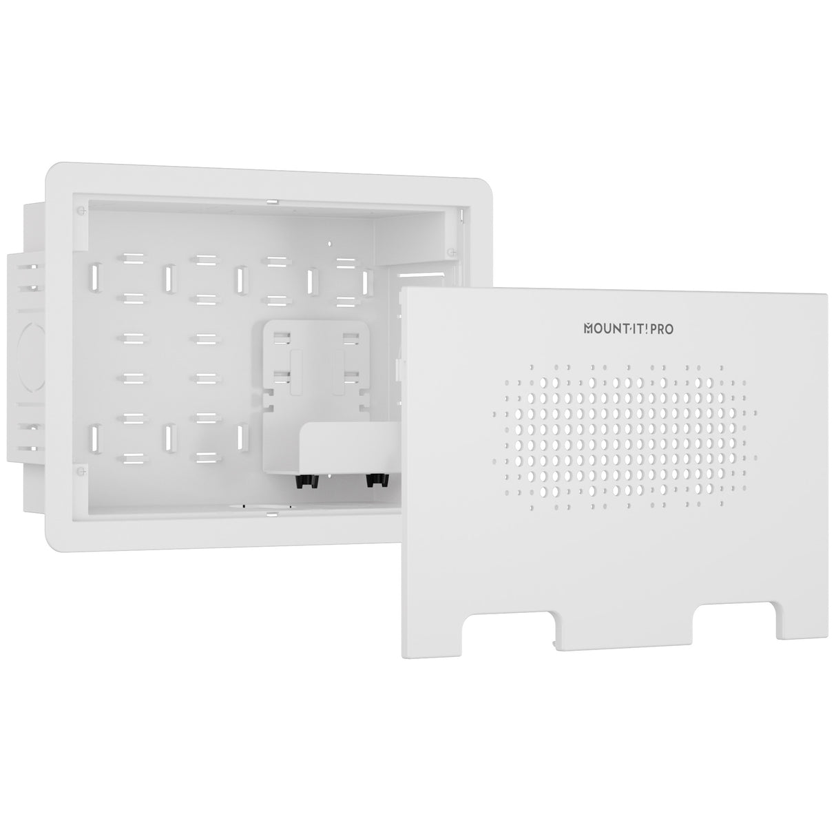 The Mount-It! In-Wall Media Box - Small is a white rectangular plastic box with a perforated cover, designed for hidden equipment storage and cable management, helping create a clean TV setup.
