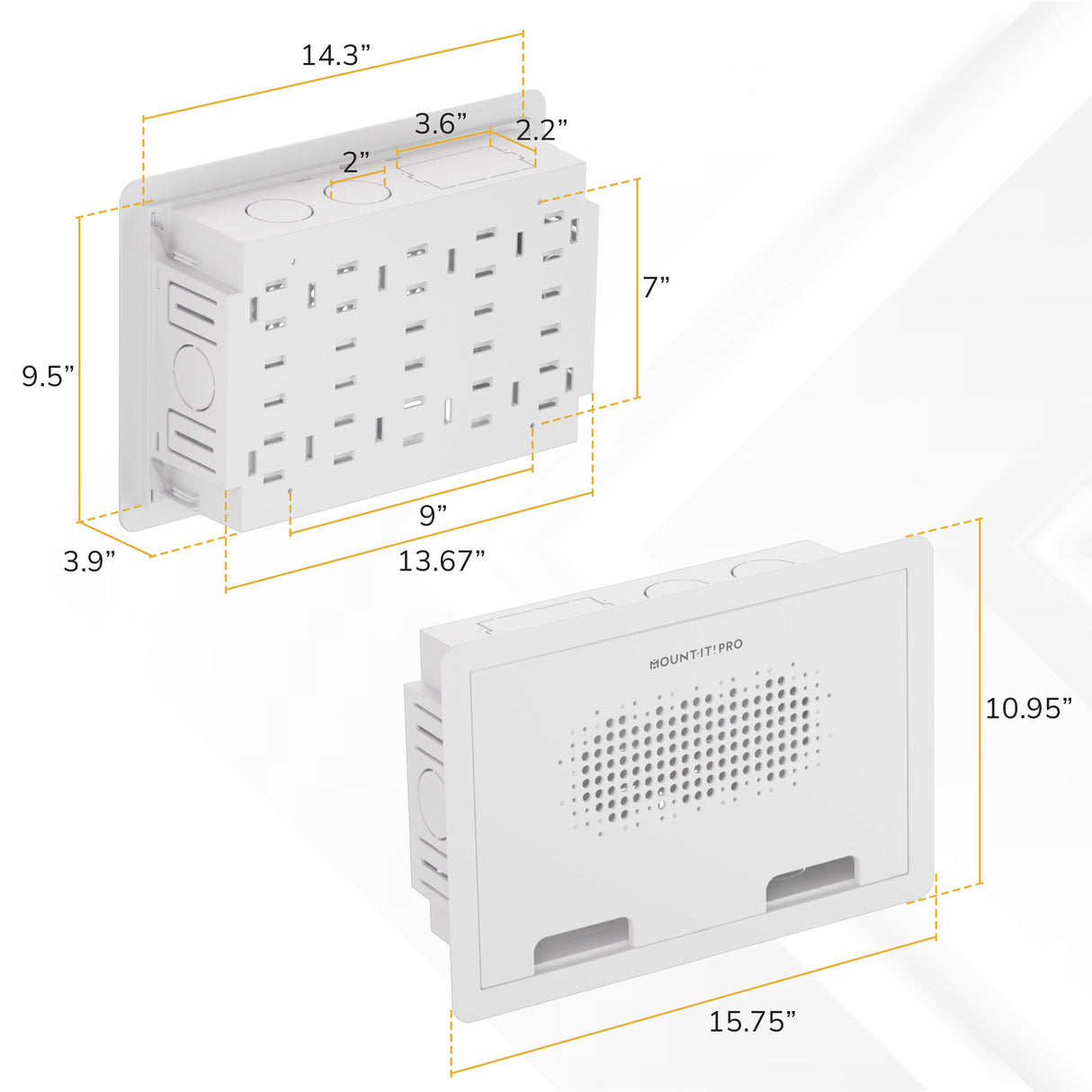 The Mount-It! In-Wall Media Box - Small is a white wall-mounted power unit with front dimensions 15.75 x 10.95 x 3.9" and back dimensions 14.3 x 9.5 x 3.9", ideal for recessed storage and clean TV setups, featuring multiple outlets and ventilation holes.